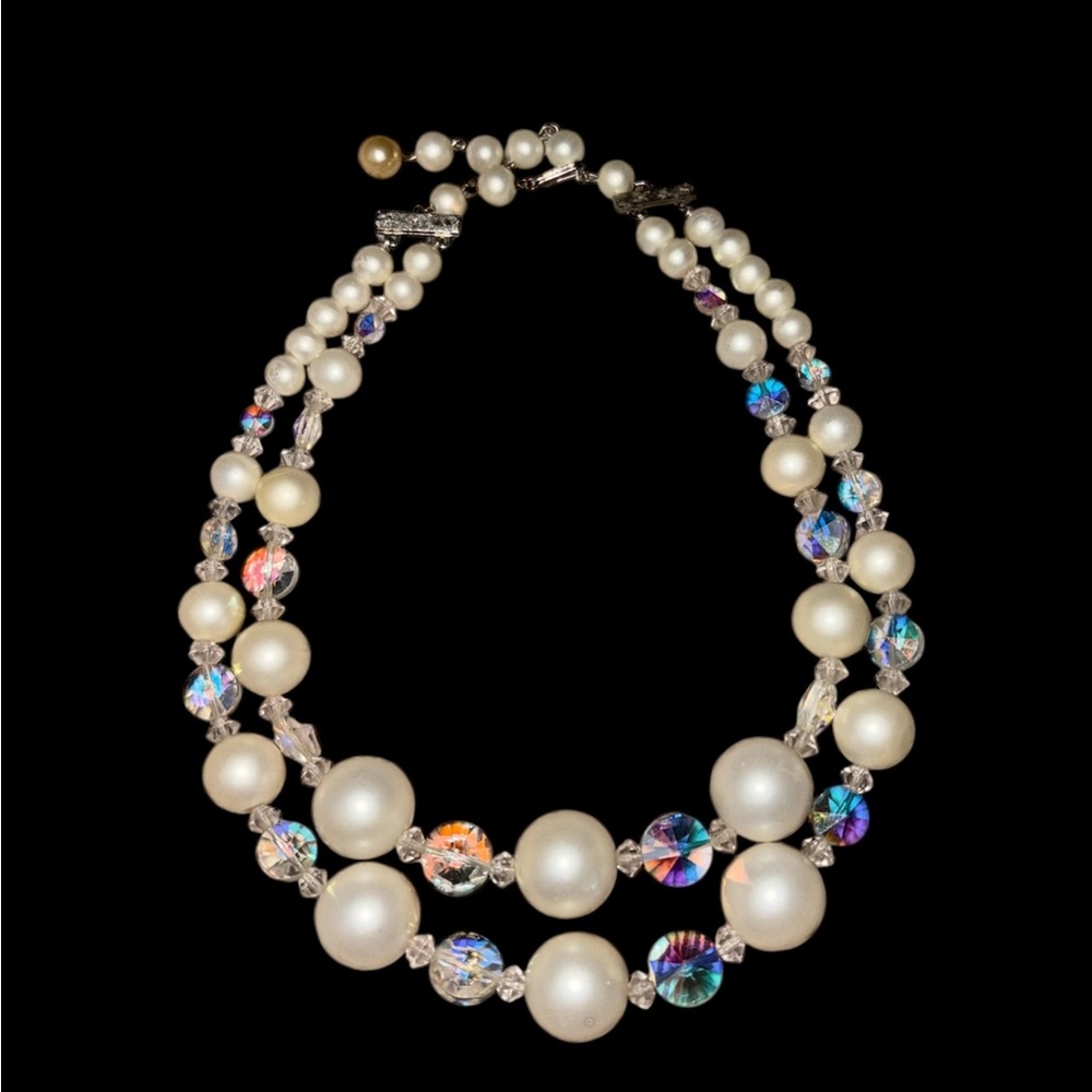 Vintage Two-Strand 14"Aurora Borealis Crystal Bead Faux Pearl Statement Necklace